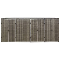 Gray poly rattan quadruple wheelie bin shed with four hinged doors, measuring 107.9x31.5x46.1 inches.