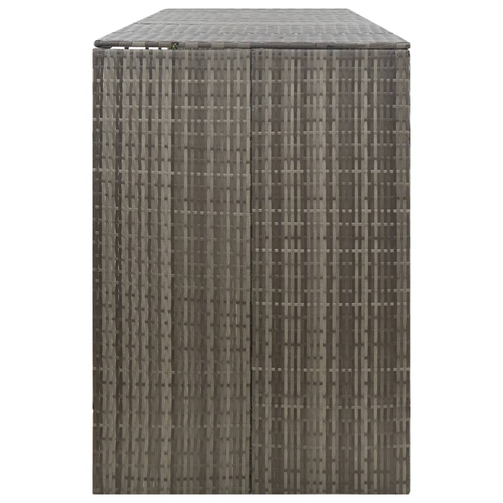 Gray poly rattan quadruple wheelie bin shed with slatted design and front doors.