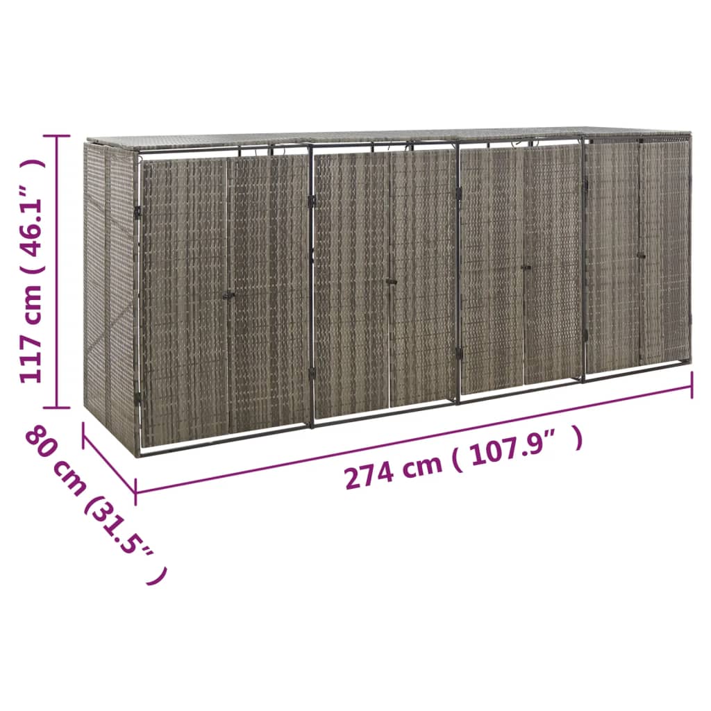 Gray poly rattan quadruple wheelie bin shed, 107.9 x 31.5 x 46.1 inches, with dimensions shown.