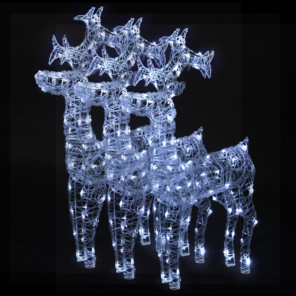 Three white LED-lit acrylic reindeer figures in a pack for Christmas decorations.