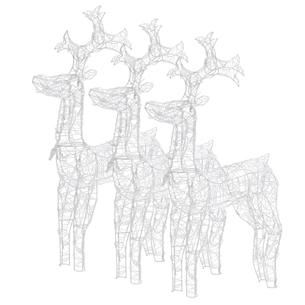 Three white wireframe reindeer Christmas decorations are shown from a slight angle.