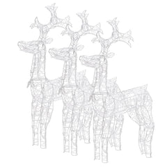 Three white wireframe reindeer Christmas decorations are shown from a slight angle.