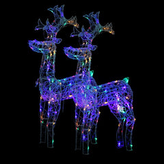 Two multicolor LED-lit acrylic reindeer standing side by side for Christmas decor.
