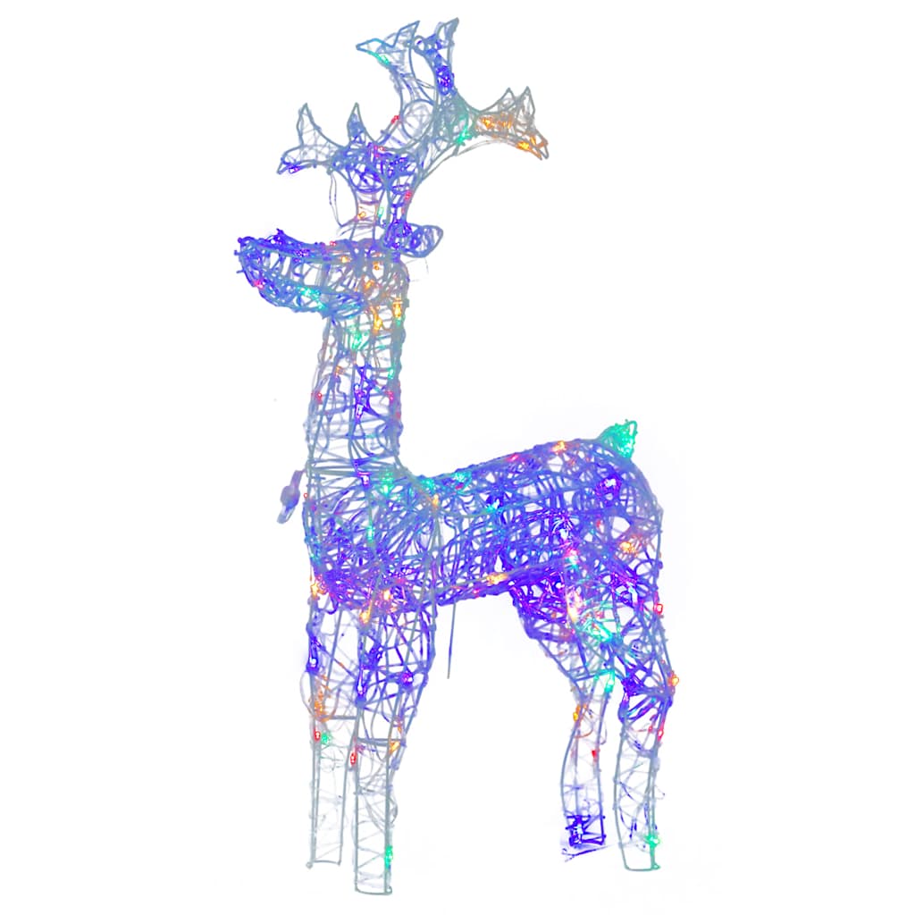 Two multicolor LED acrylic reindeer decorations with glowing wireframe design.