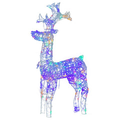 Two multicolor LED acrylic reindeer decorations with glowing wireframe design.