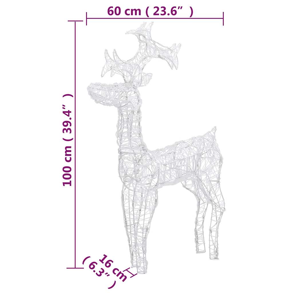 Two 23.6-inch acrylic LED reindeer decorations with multicolor lights and dimensions shown.