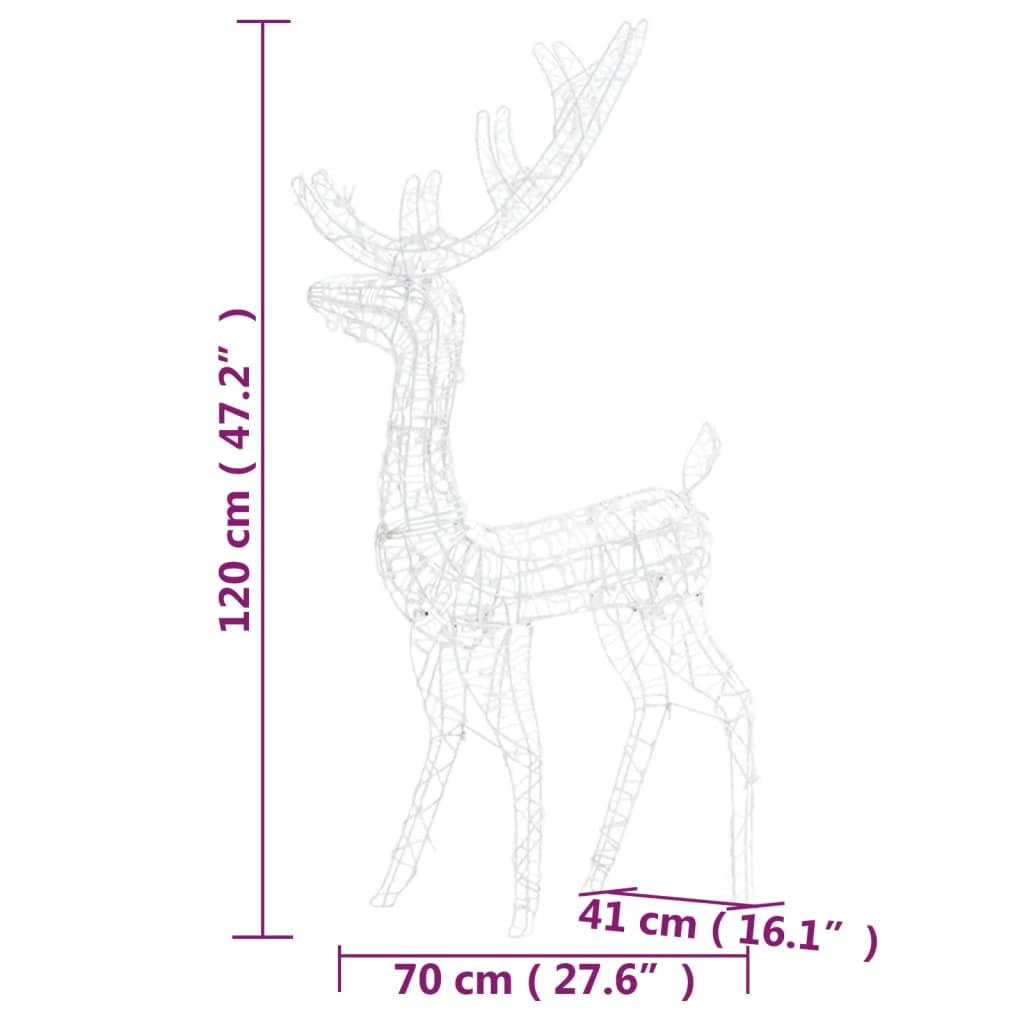 Two 47.2-inch lighted acrylic reindeer decorations with warm white LEDs and measurements shown.
