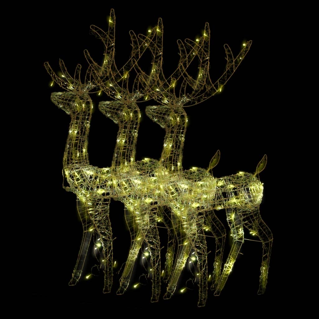 Three lighted acrylic reindeer decorations in warm white, arranged in a pack.
