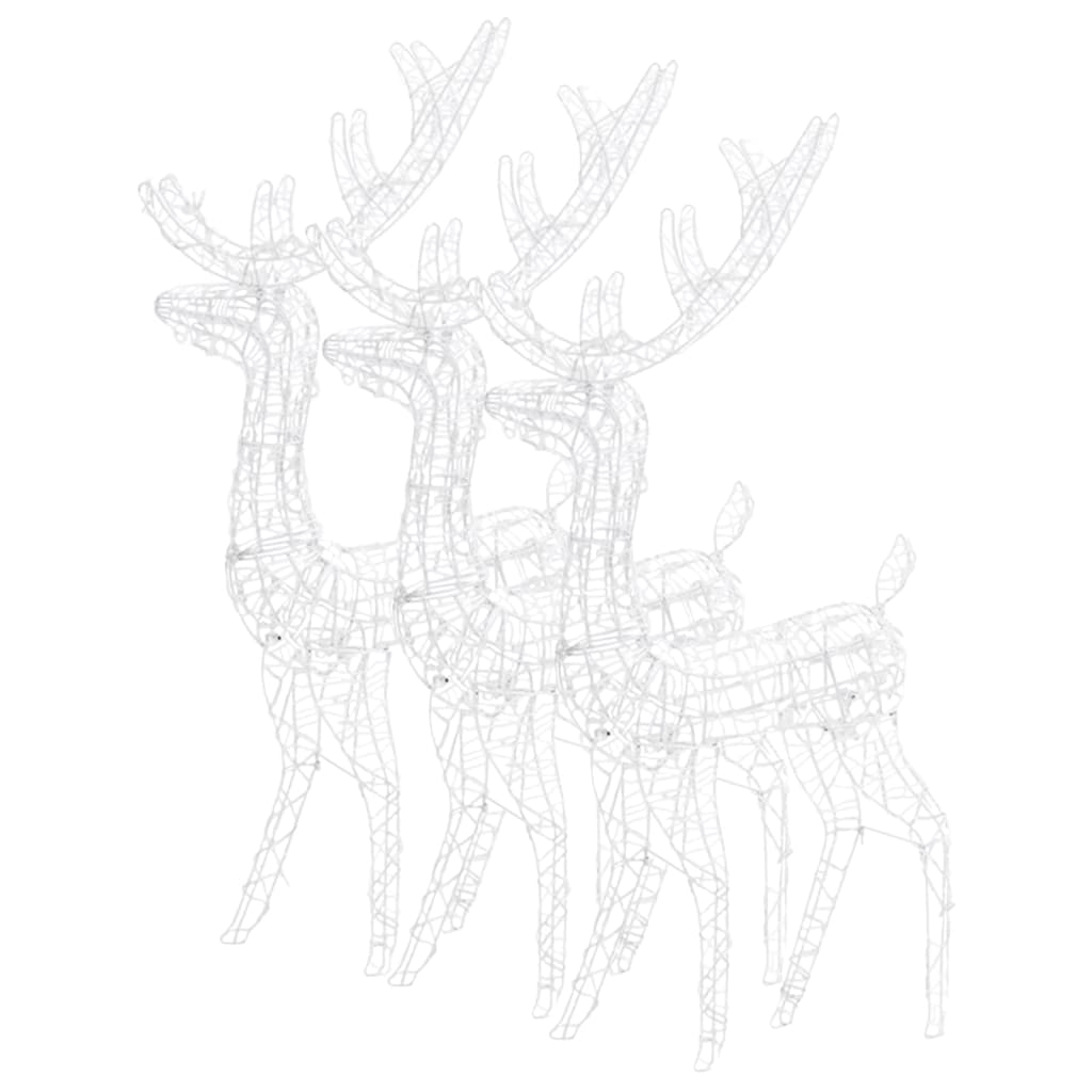 Three white acrylic lighted reindeer Christmas decorations are shown.