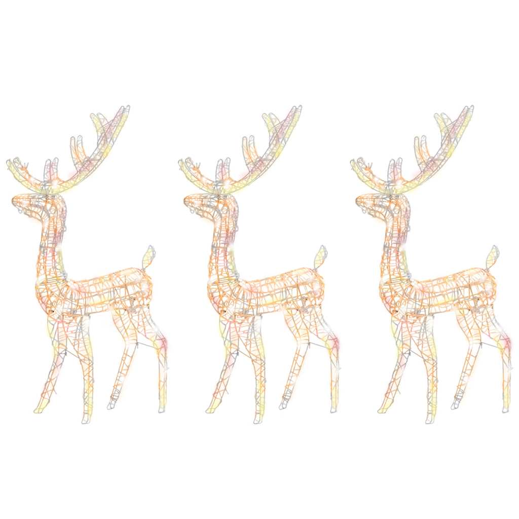 Three multicolor LED acrylic reindeer Christmas decorations in a pack.