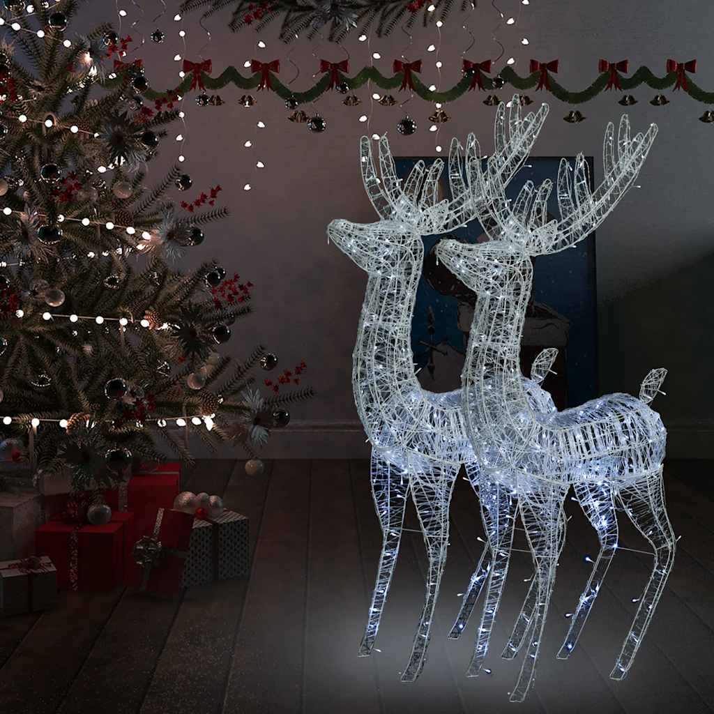 Pair of 70.9-inch tall acrylic reindeer Christmas lights with 250 cold white LEDs in a festive room setting.