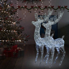 Pair of 70.9-inch tall acrylic reindeer Christmas lights with 250 cold white LEDs in a festive room setting.