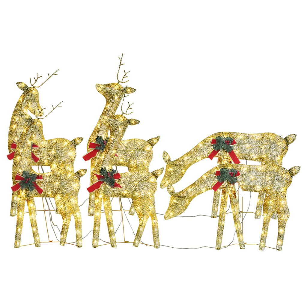 Six gold mesh reindeer with 180 warm white LED lights and red bows in a festive display.