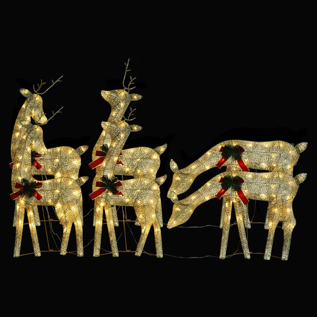 Six gold mesh reindeer Christmas lights with 180 warm white LEDs and red bows.