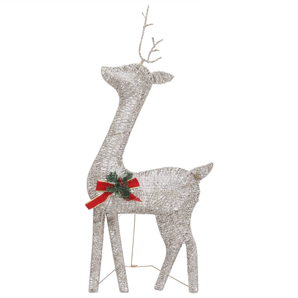 Gold mesh reindeer decoration with 180 warm white LED lights and a red bow on the neck