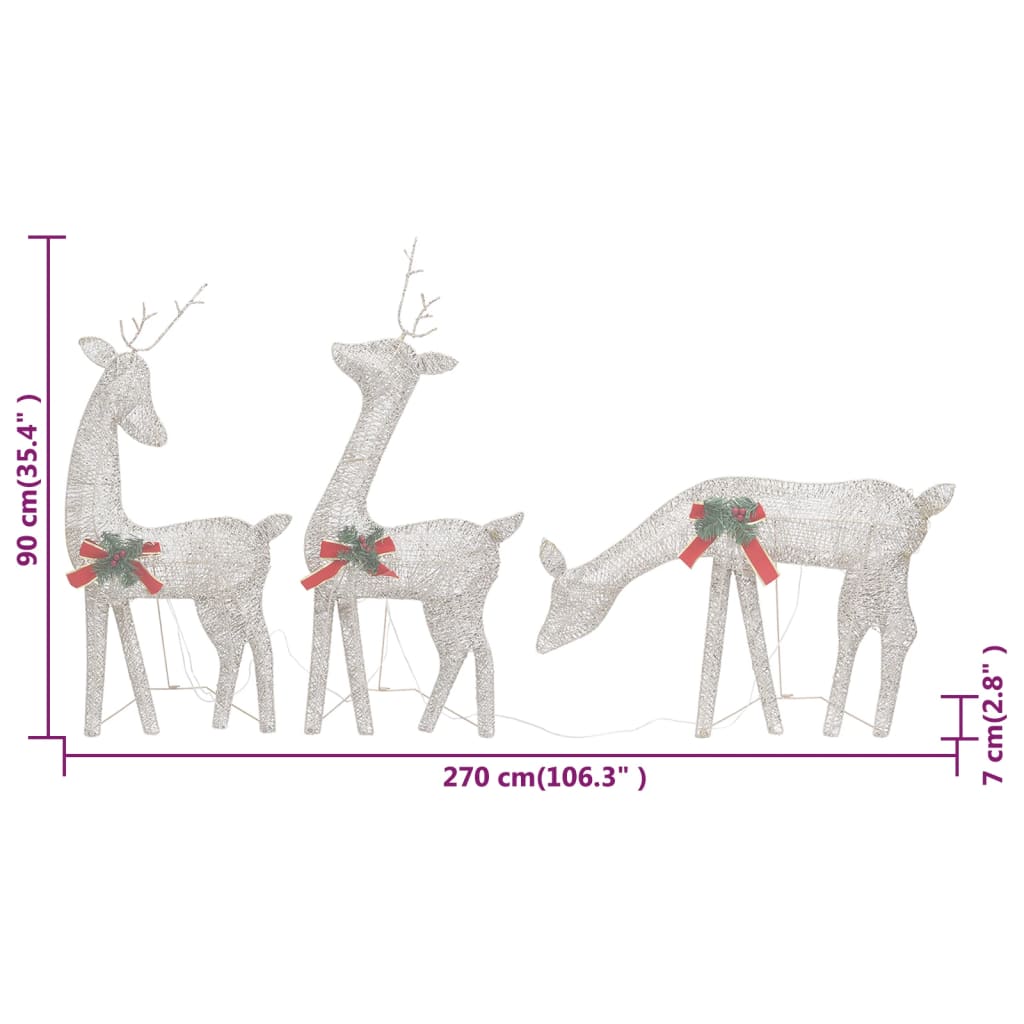 Six gold mesh reindeer figures with red bows and 180 warm white LEDs, shown in sizes up to 106 cm.