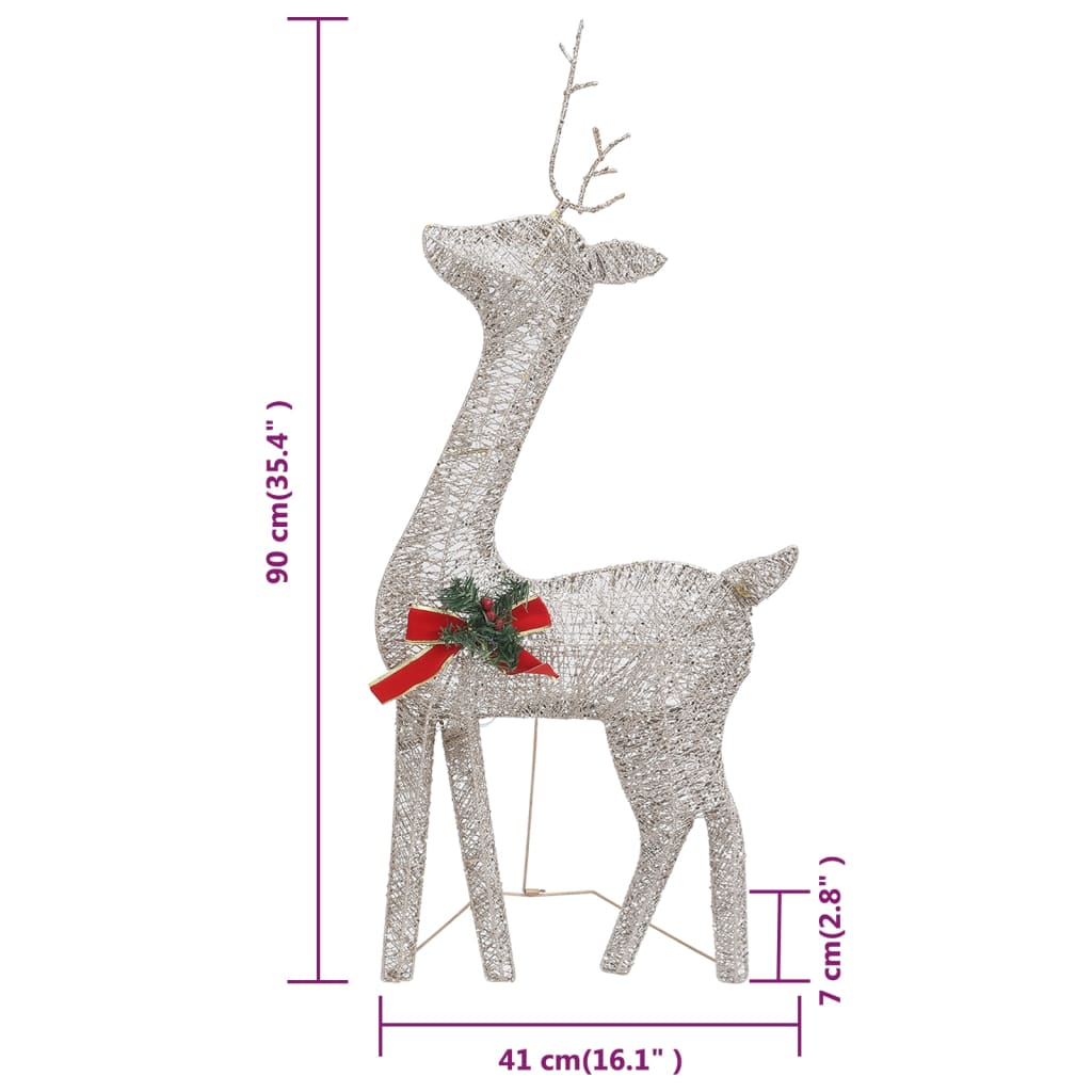 Gold mesh Christmas reindeer light decoration with 180 warm white LEDs and steel frame, 90 cm tall.