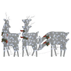 Set of six silver mesh Christmas reindeer with cold white LED lights and red bows.