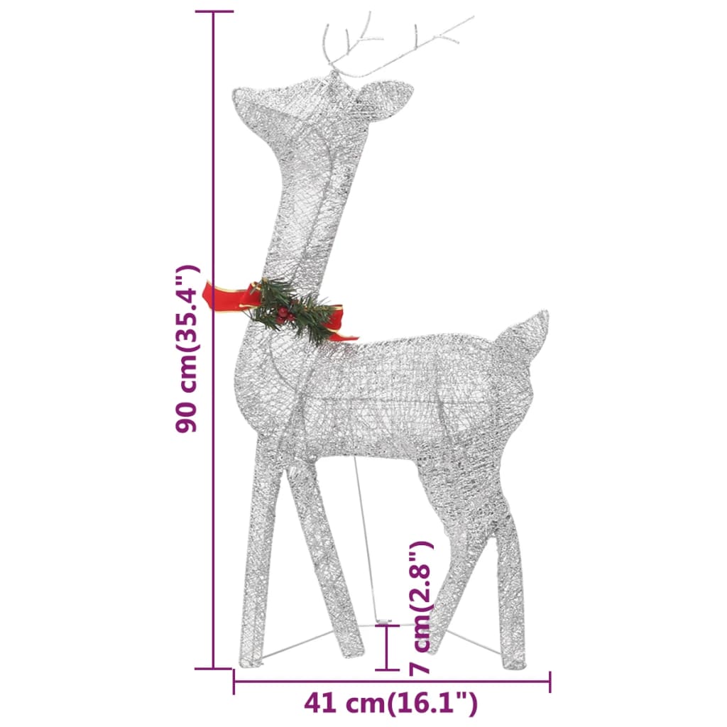 Silver wireframe reindeer Christmas decoration with red bow and size dimensions shown.