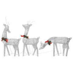 Three silver mesh reindeer with red bows and cold white LED lights.