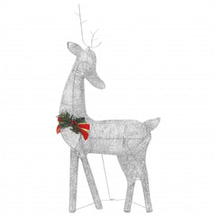 Silver mesh reindeer Christmas light with cold white LEDs and red bow.