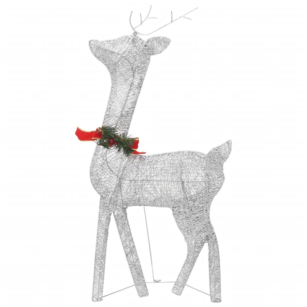 Silver mesh reindeer with cold white LED lights and red ribbon decoration