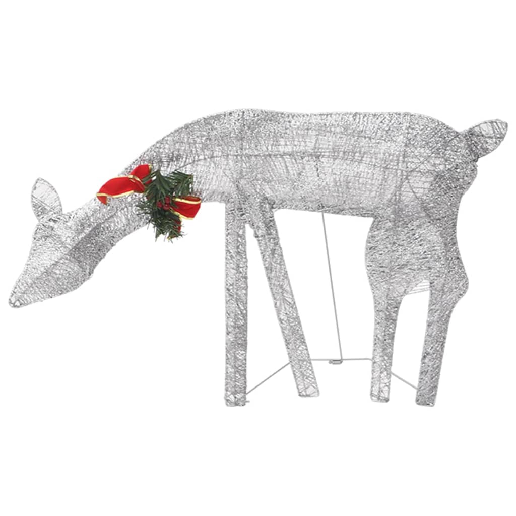 Silver wireframe reindeer silhouette with red bow and holly, featuring cold white LED lights.