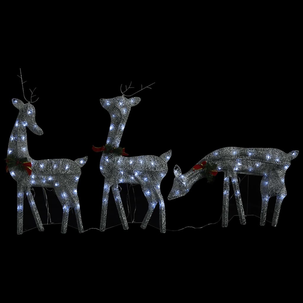 Six silver mesh reindeer figures with cold white LED lights and red bows.