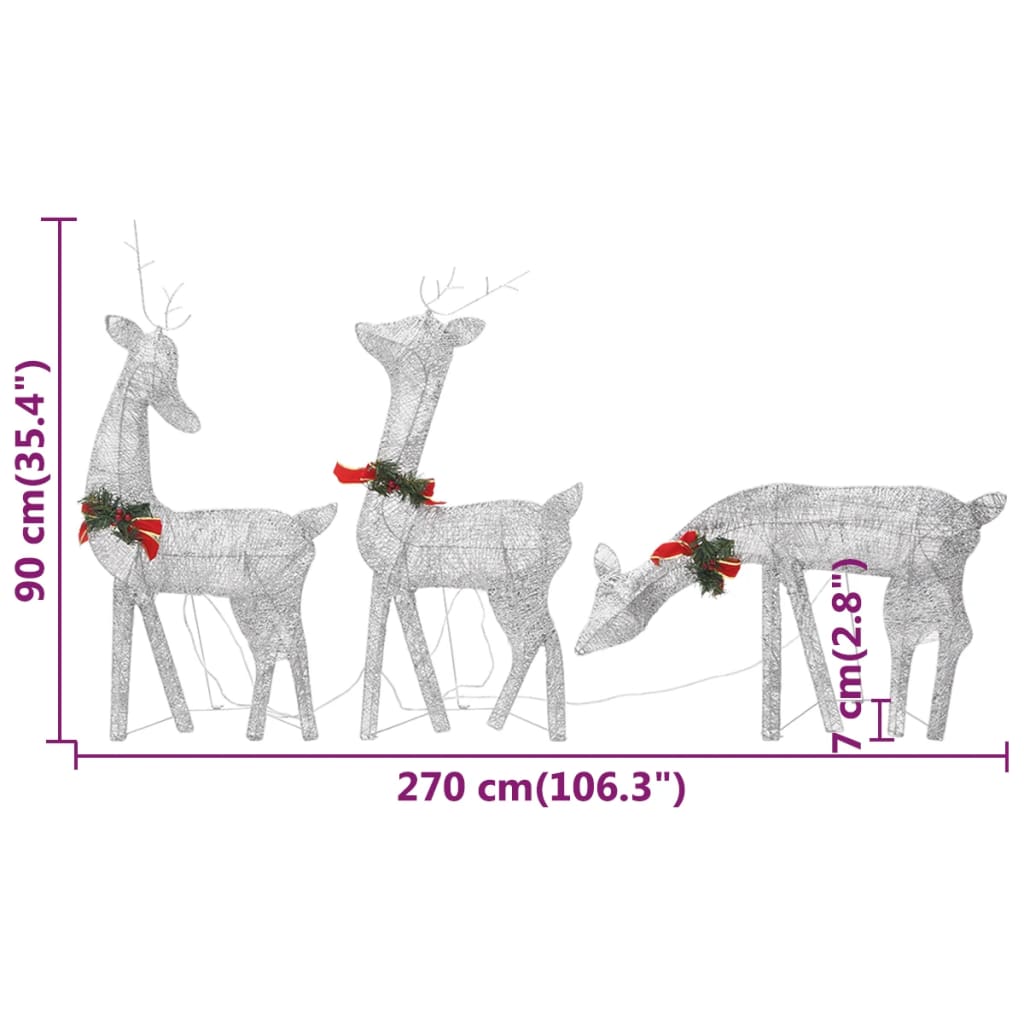 Six silver mesh reindeer Christmas lights with cold white LEDs and red bows, shown in 90cm, 106cm, and 270cm sizes.