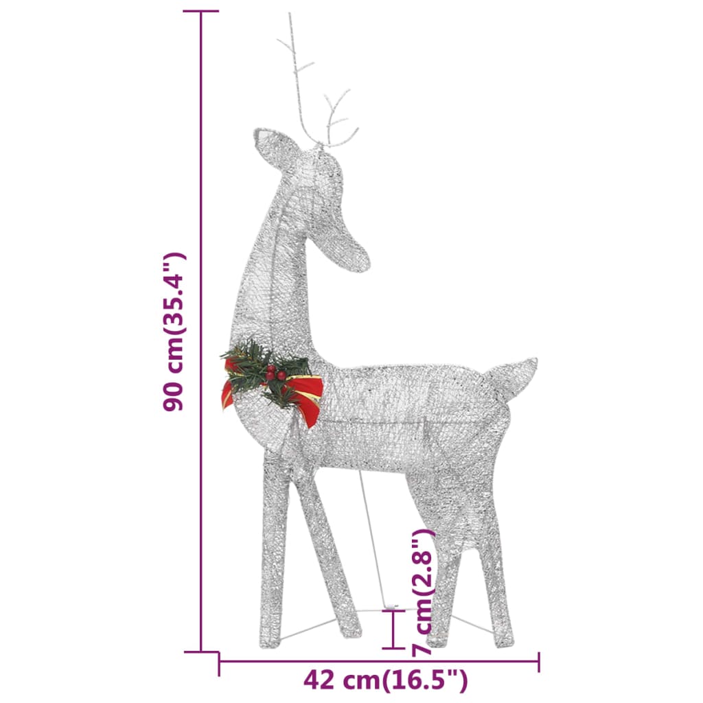 Silver mesh Christmas reindeer with cold white LED lights and decorative red bow.