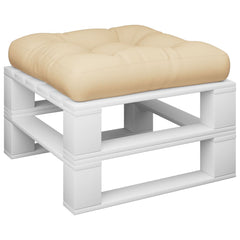 Beige polyester pallet cushion, 19.7x19.7x4.7 inches, with tufted top on white pallet base.