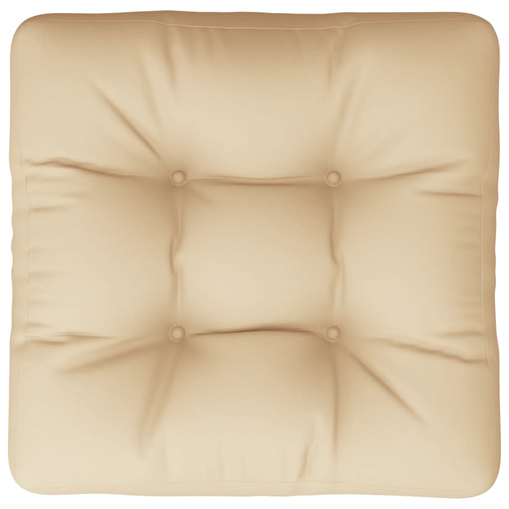 Square beige polyester pallet cushion, 19.7x19.7x4.7 inches, with tufted center.