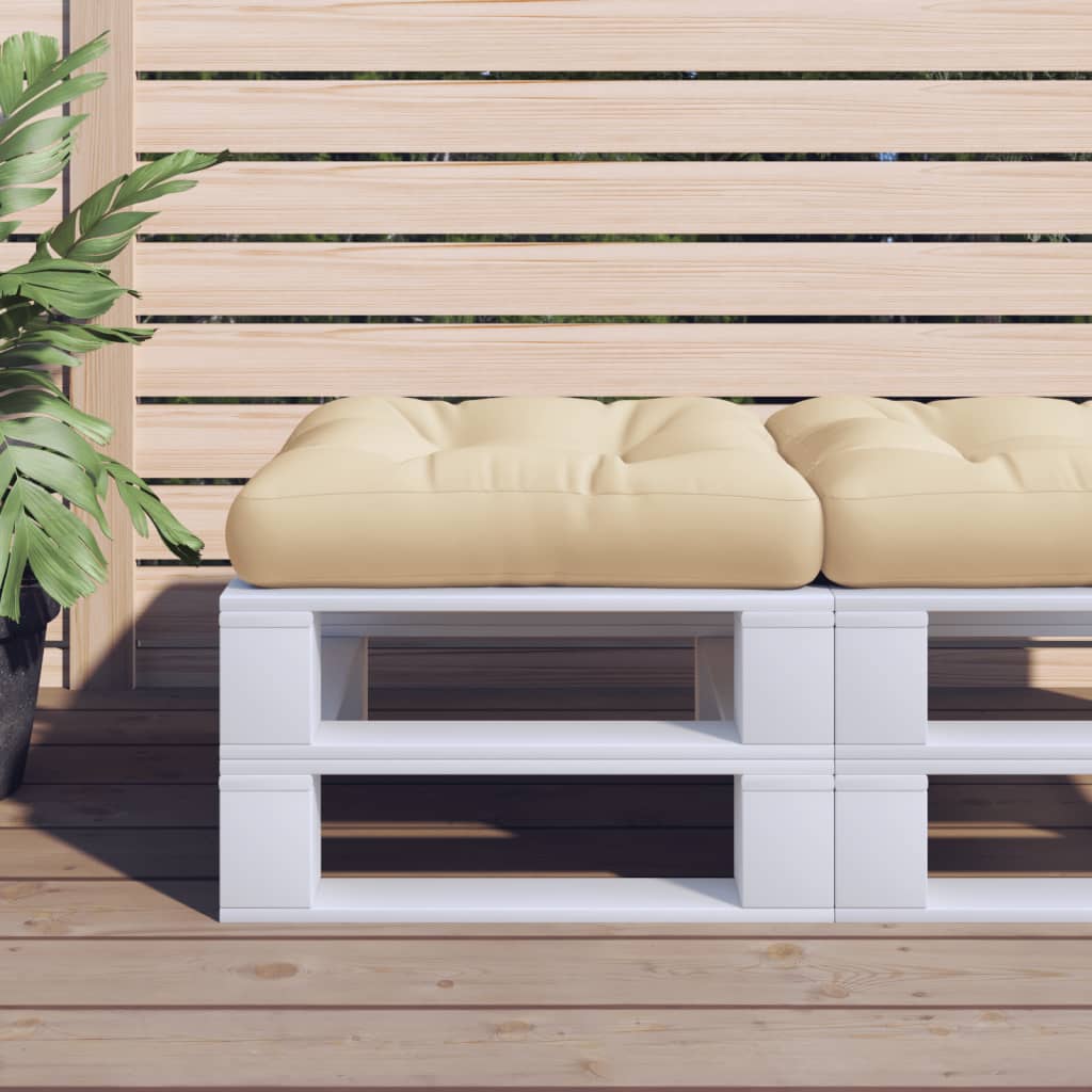 Beige polyester pallet cushion, 19.7x19.7x4.7 inches, with tufted padding.
