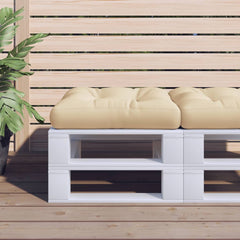 Beige polyester pallet cushion, 19.7x19.7x4.7 inches, with tufted padding.