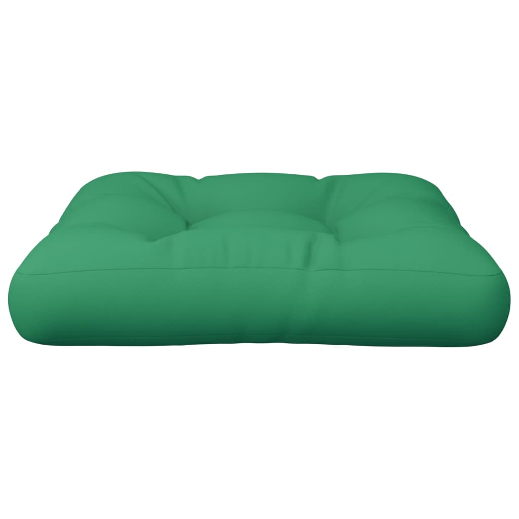Green polyester pallet cushion, 19.7x19.7x4.7 inches, with tufted design.