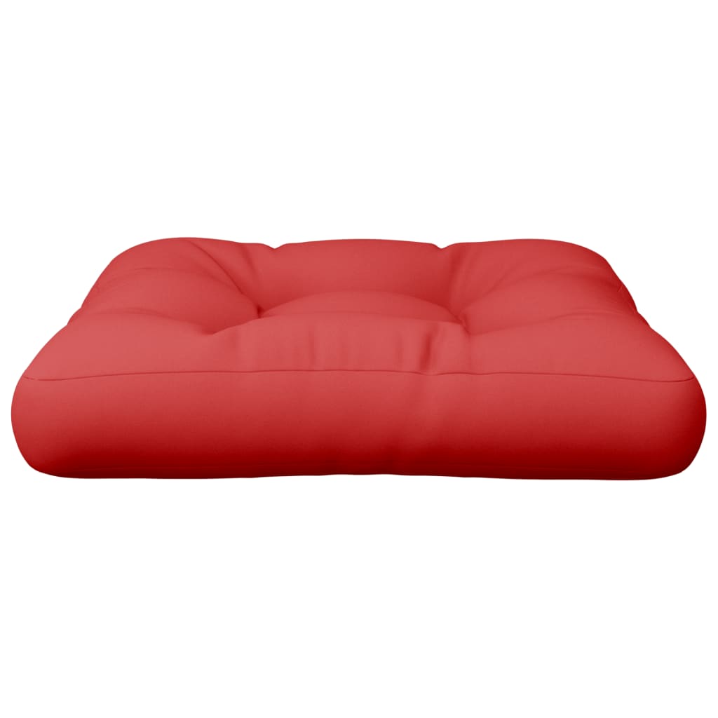 A red polyester pallet cushion is shown from a side view.