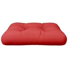 A red polyester pallet cushion is shown from a side view.