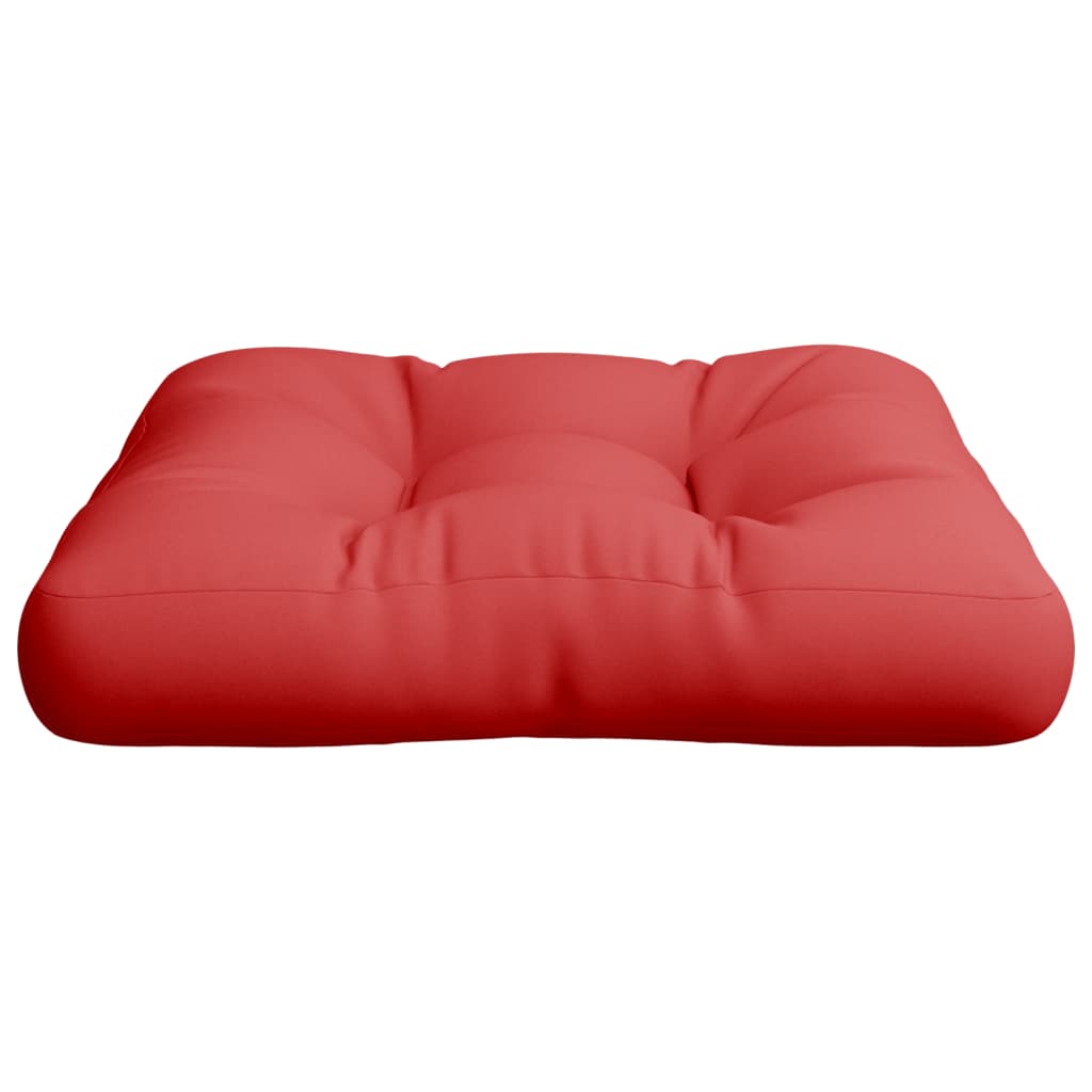 A red polyester pallet cushion is shown from a slightly elevated side view.