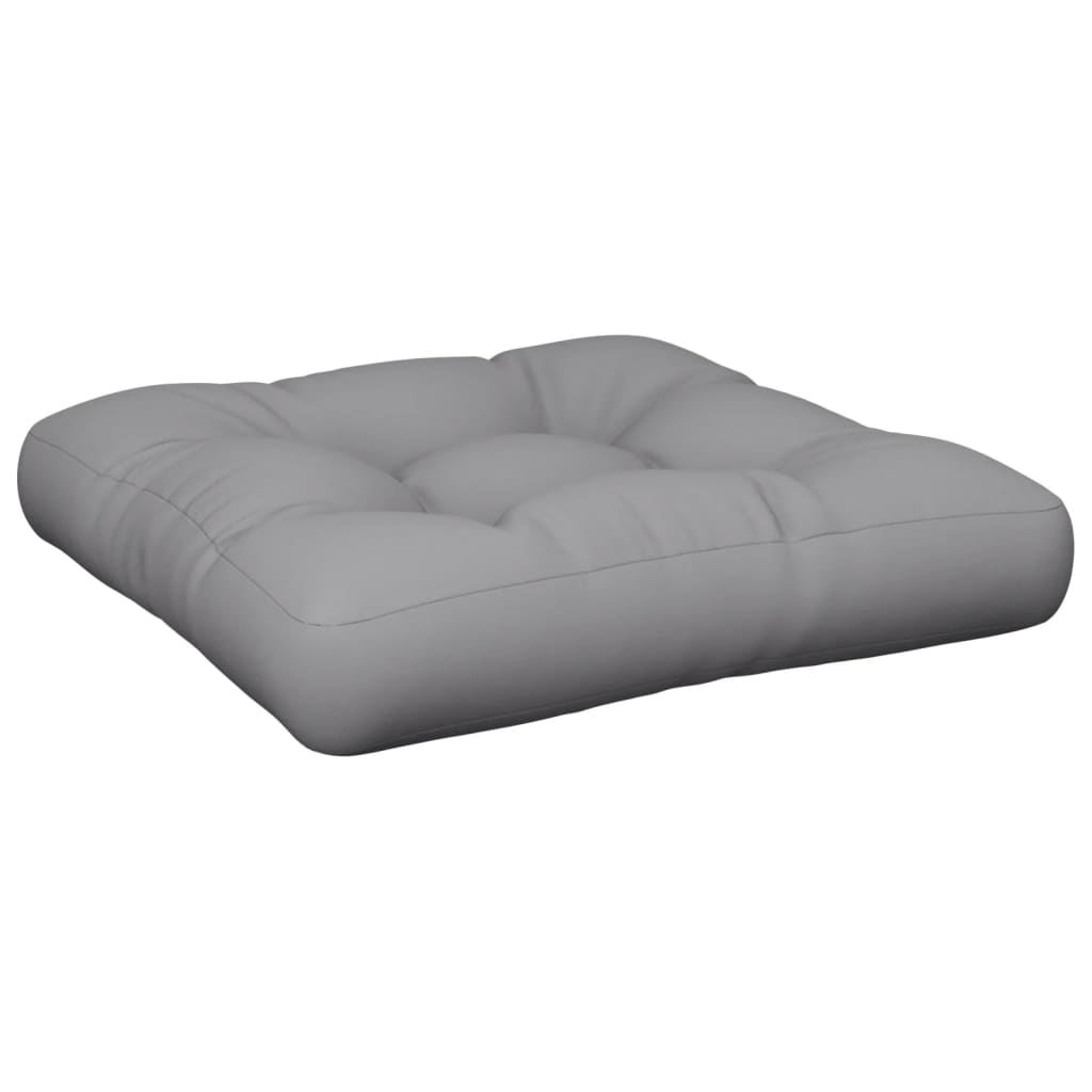 Gray polyester pallet cushion, 23.6x23.6x4.7 inches, with tufted design.
