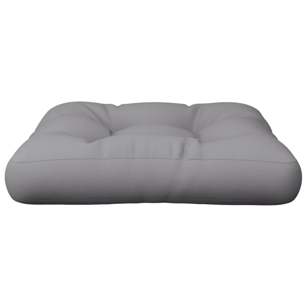 Gray polyester pallet cushion, 23.6x23.6x4.7 inches, with tufted design.