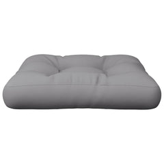 Gray polyester pallet cushion, 23.6x23.6x4.7 inches, with tufted design.
