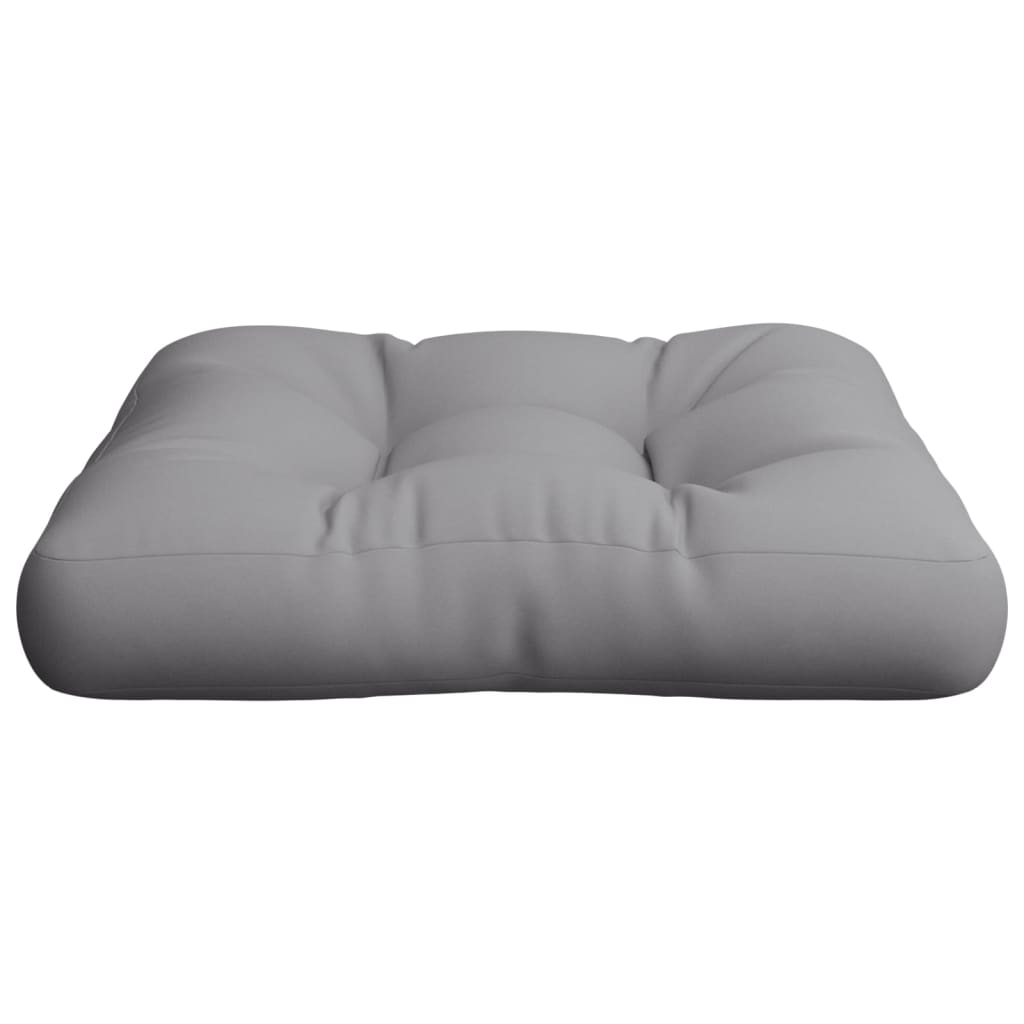Gray polyester pallet cushion measuring 23.6x23.6x4.7 inches with tufted design.