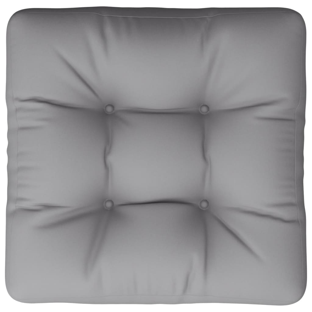 Gray polyester pallet cushion, 23.6x23.6x4.7 inches, with tufted square design.