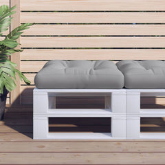 Gray polyester pallet cushion, 23.6x23.6x4.7in, on white pallet with plants.