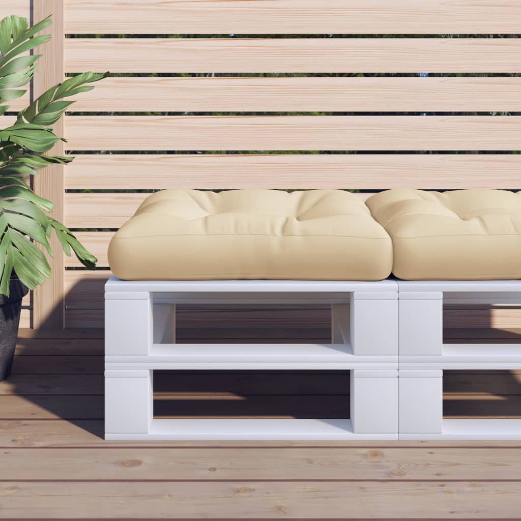 Beige polyester pallet cushion, 23.6x23.6x4.7 inches, on white pallet with plants.