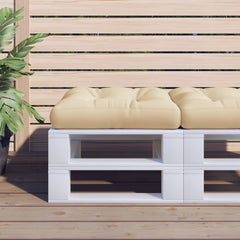 Beige polyester pallet cushion, 23.6x23.6x4.7 inches, on white pallet with plants.