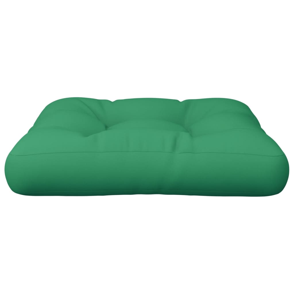 Square green polyester pallet cushion, 60x60x4.7 inches, with tufted design.