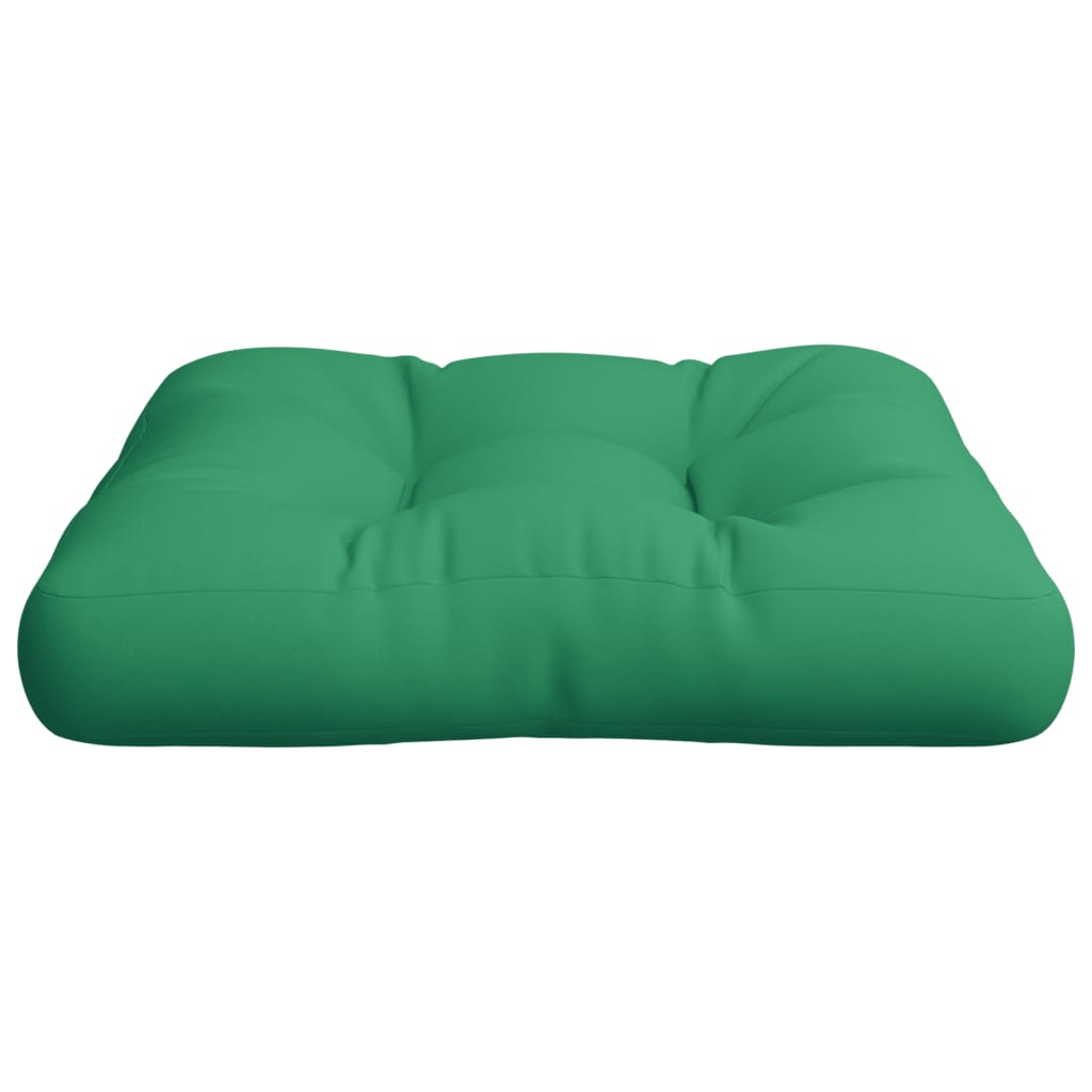 Square green polyester pallet cushion, 60x60x4.7 inches, with tufted design.