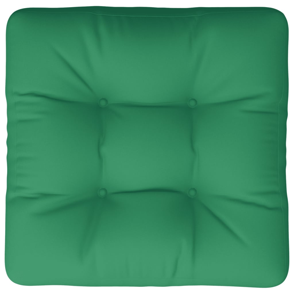 Square green polyester pallet cushion, 60x60x4.7 inches, with tufted center.