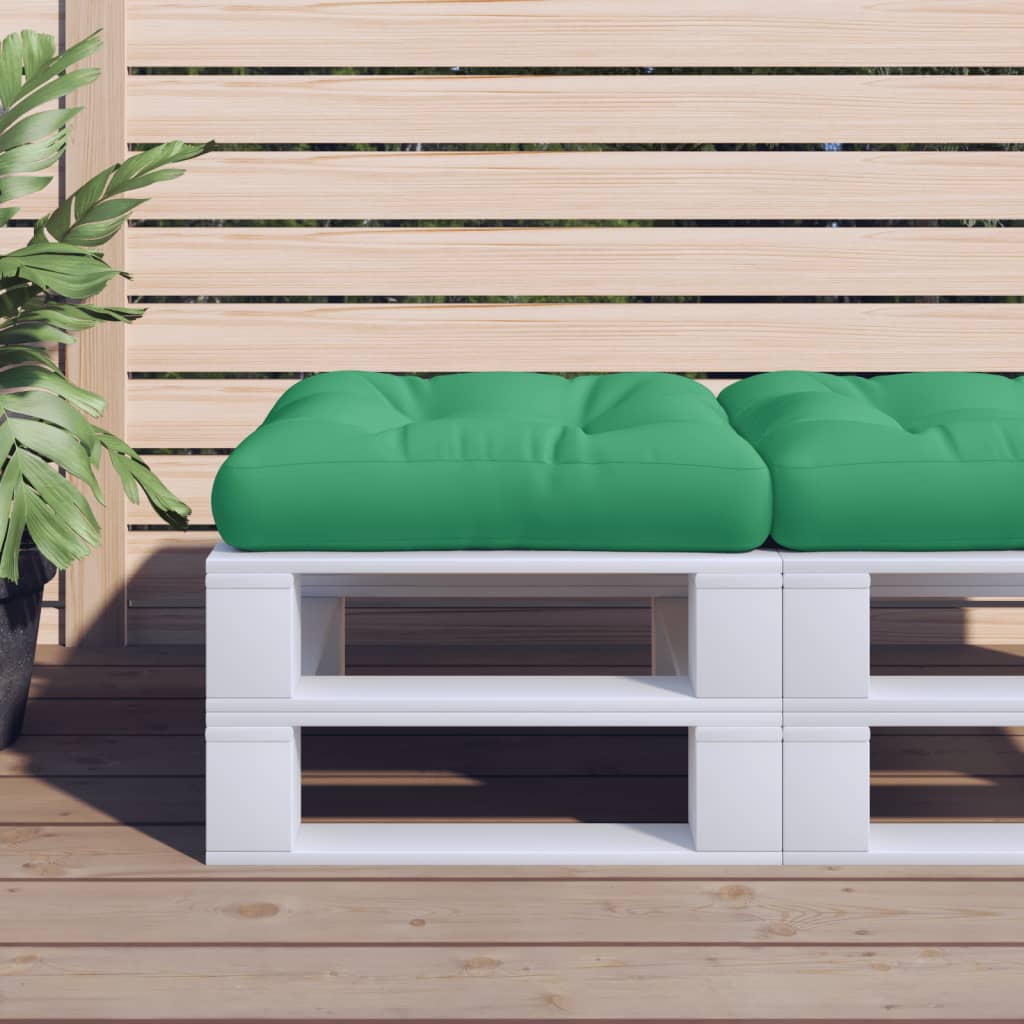 Green polyester pallet cushion, 60x60x4.7 inches, with tufted padding on white pallet base.